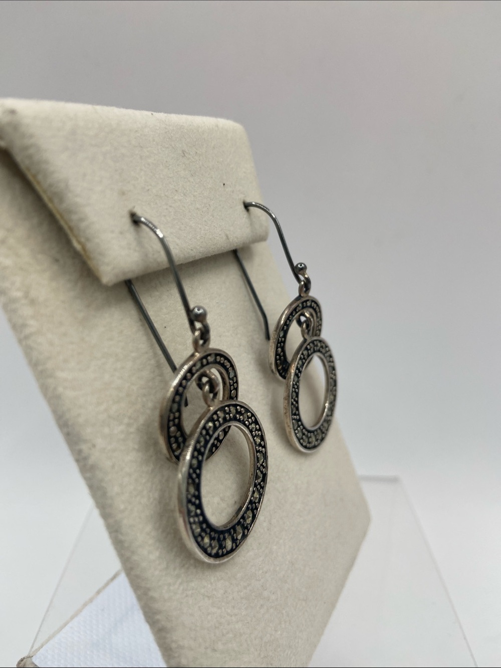 Suspicion Marcasite Sterling Silver 925 Double Hoop Dangle Earrings 2”L - Picture 4 of 9